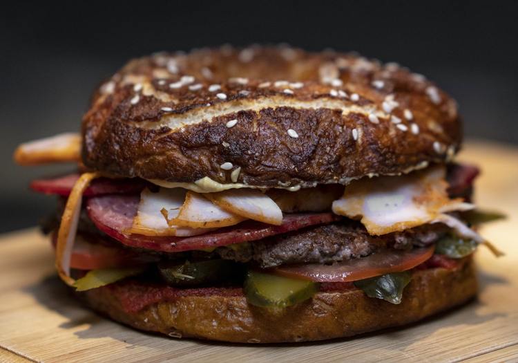 Bagels Recipe - Burger Bagel with Bacon, Pepperoni, Tomatoes and Pickles