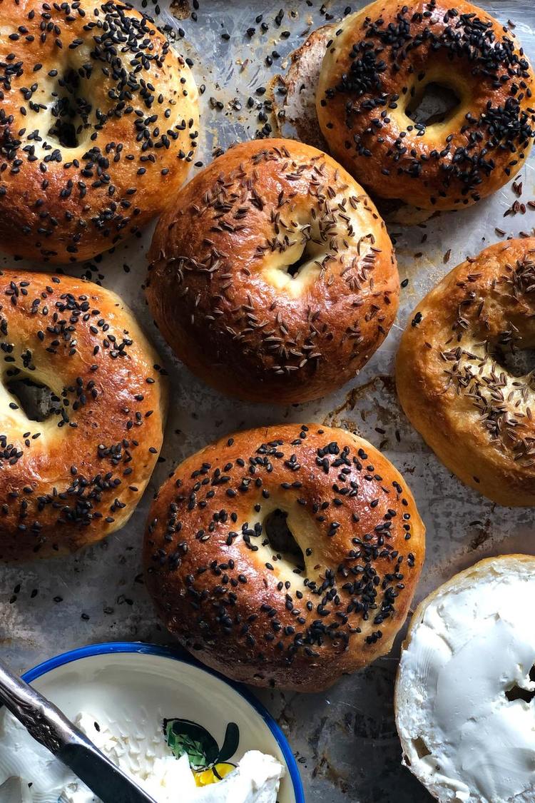 Olive Oil and Cream Cheese Spread with Black Sesame Seed Bagels