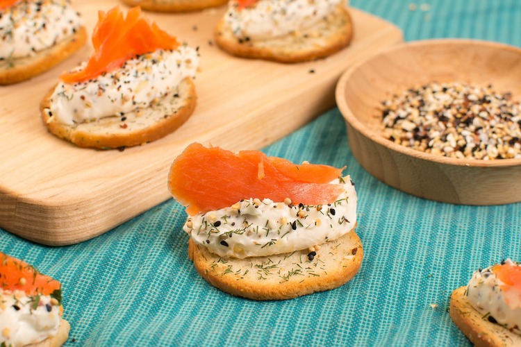 Finger Food Sliced Bagels with Smoked Salmon, Chives and Cream Cheese
