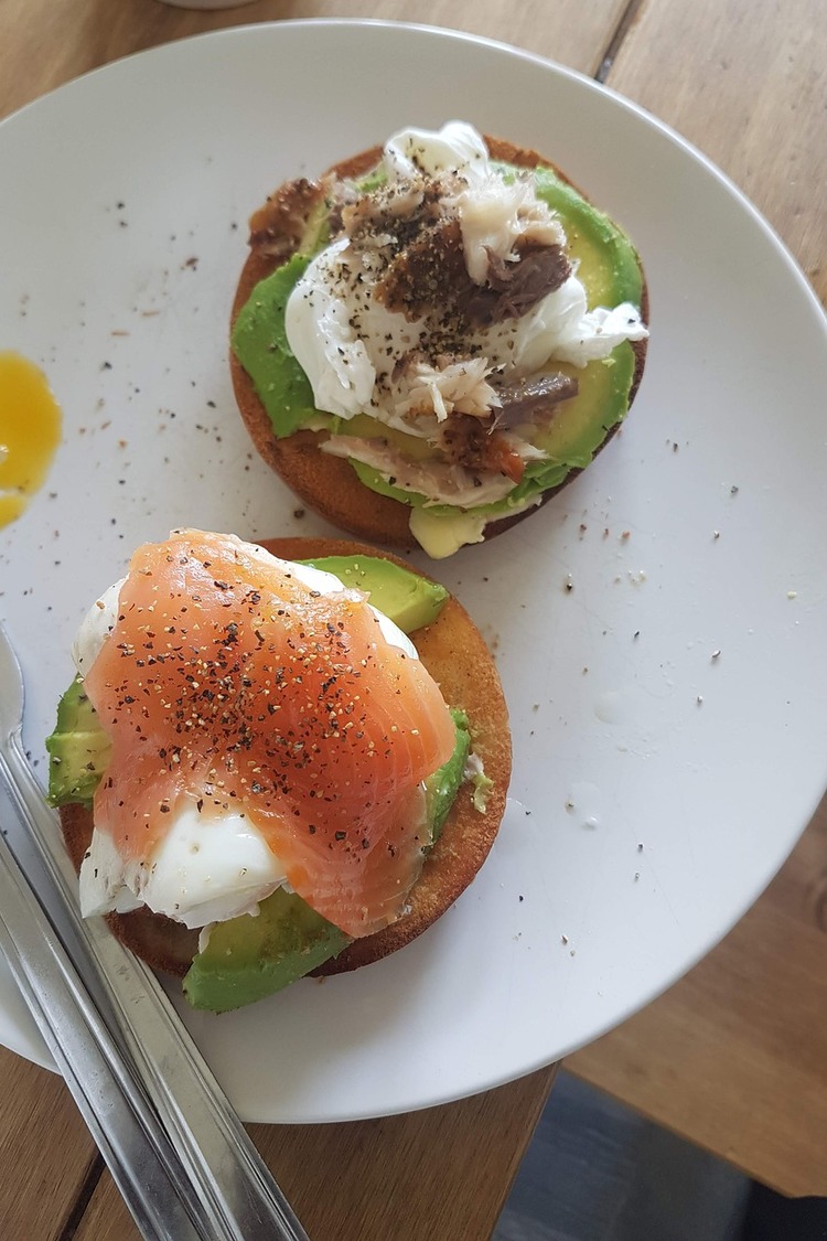 Bagels Recipe - Mackerel and Salmon Poached Egg Bagel with Sliced Avocados