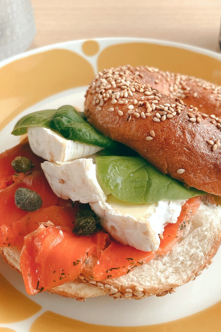 Smoked Salmon with Brie Cheese and Capers on a Sesame Seed Bagel Recipe
