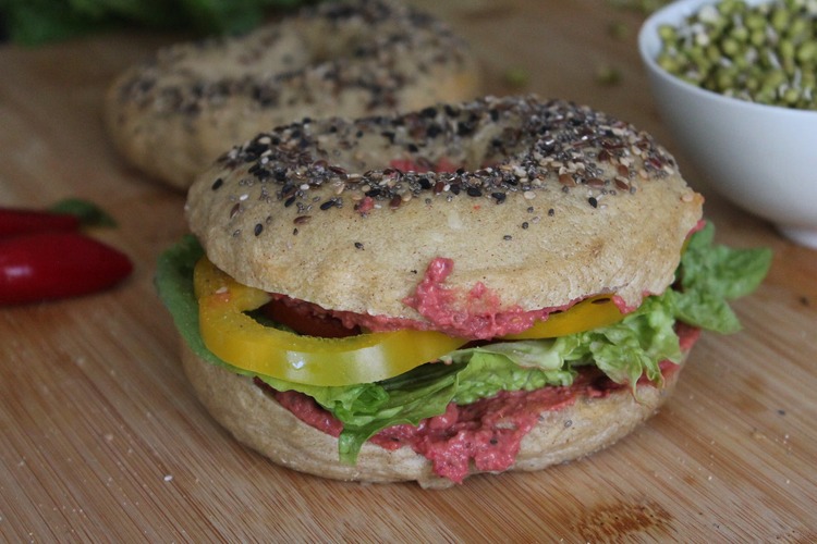 Whole Grain Bagel Sandwich with Peppers, Lettuce and Beetroot and Olive Tapenade - Bagels Recipe